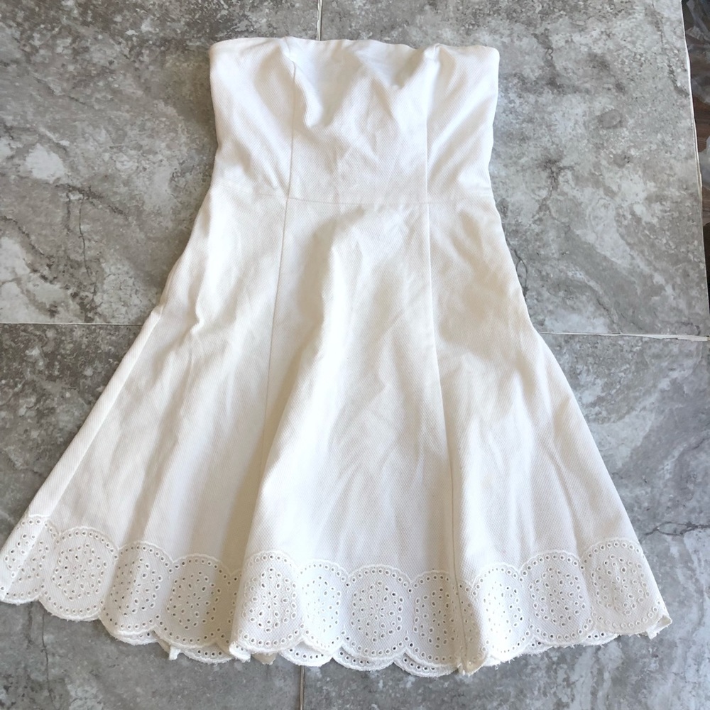 Joie white strapless eyelet scallop hem mini dress